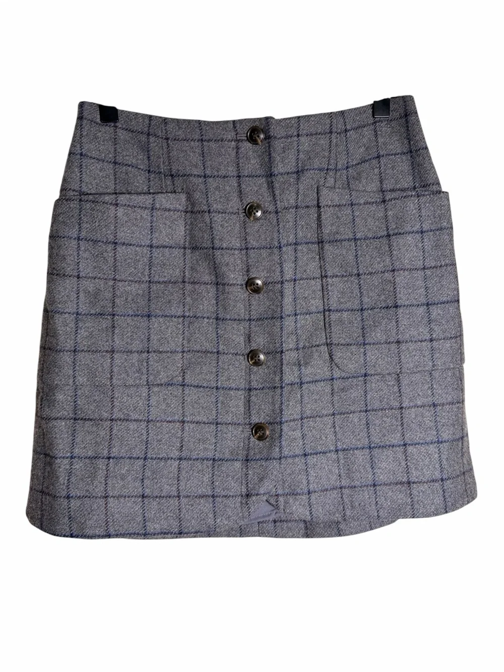 Madewell Gray Windowpane Tweed Button-Front Mini Skirt Wool Blend